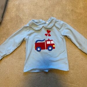 Cecil & Lou Blue Long Sleeve Valentines Shirt with Fire Truck Design